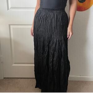 Vintage Diamond Black Elastic Waist Pull On Crinkle Boho Peasant Maxi Skirt M